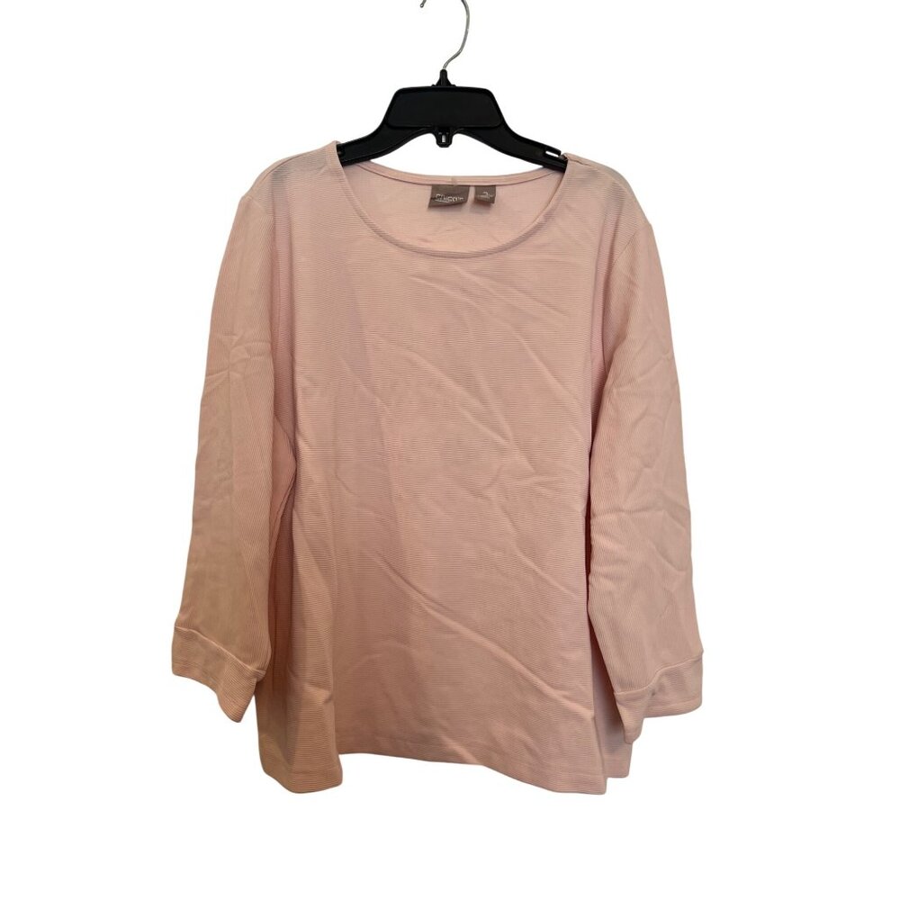 Chicos 3/4 Sleeve Light Pink Top Size 2 Ribbed Stretch Polyester Spandex Blend W